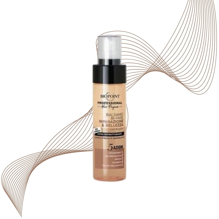 Biopoint Professional Balsamo Bi-Phase dwufazowy balsam do włosów 200ml - butelka z atomizerem na białym tle z graficzną dekoracją linii.