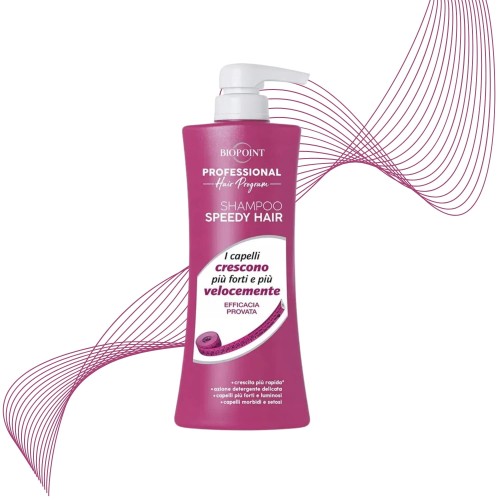 Biopoint Professional Hair Program Shampoo Speedy Hair - fioletowa butelka z pompką, widok frontalny na białym tle z graficznym motywem fal włosów.