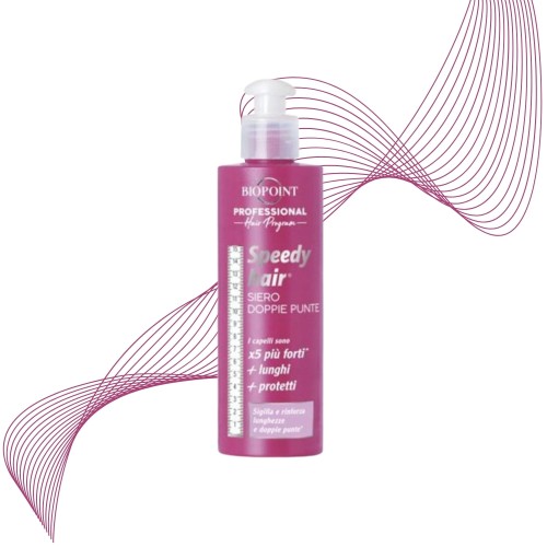 Biopoint Speedy Hair serum wzmacniające włosy 150ml - fiolka na białym tle z graficznym motywem fioletowych linii.