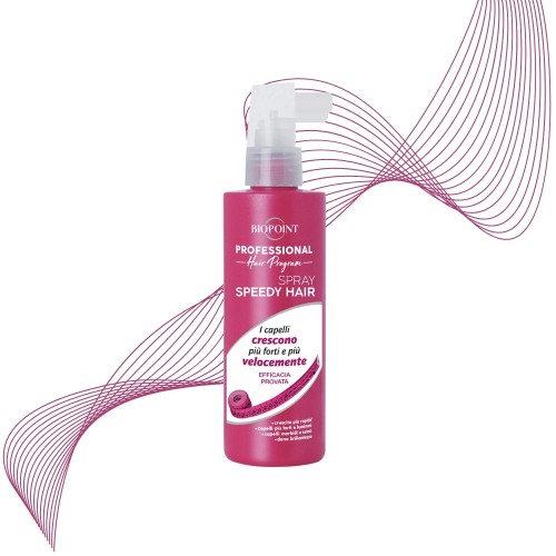 Biopoint Speedy Hair spray wzmacniający włosy 200ml, różowa butelka ze sprężykiem na białym tle z graficznym motywem linii.