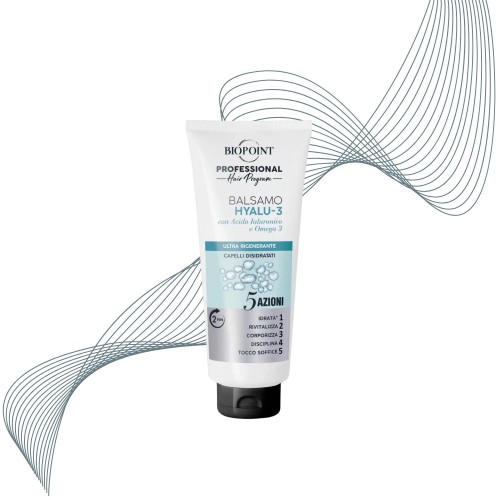 Biopoint Professional Balsamo Hyalu-3 odżywka do włosów 350ml - tuba z etykietą, na tle graficznych linii symbolizujących włosy.
