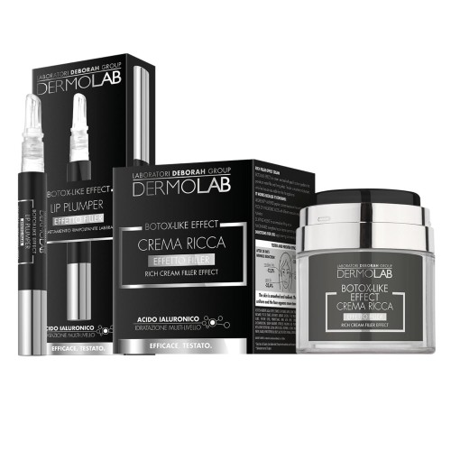 Dermolab Botox-Like Effect zestaw przeciwzmarszczkowy - lip plumper, crema ricca i opakowania na białym tle.