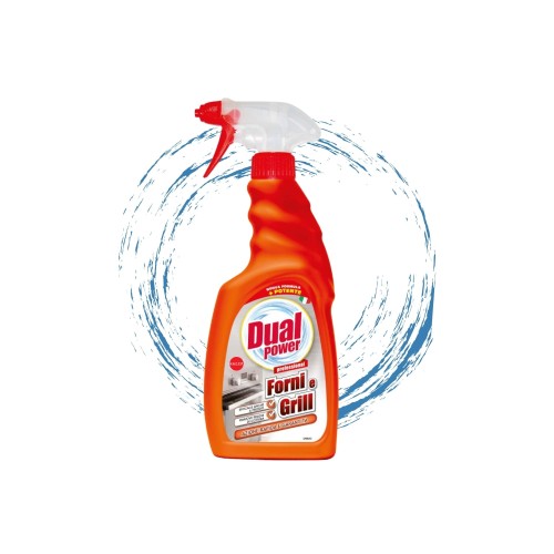 Dual Power Fomi Grill preparat do czyszczenia przypaleń 500ml - butelka z rozpylaczem na białym tle z animacją strumieni wody.