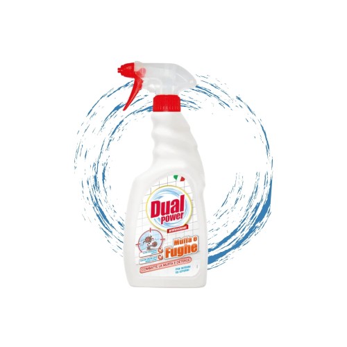 Dual Power płyn do czyszczenia fug 500ml - biała butelka ze spryskiwaczem, otoczona błękitnym promieniowaniem wody, widok frontalny na białym tle.