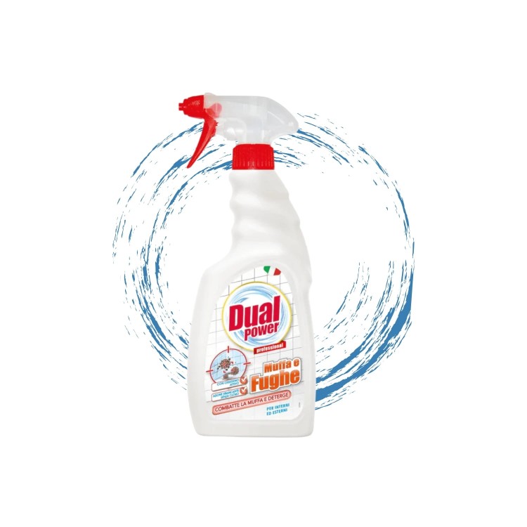 Dual Power płyn do czyszczenia fug 500ml - biała butelka ze spryskiwaczem, otoczona błękitnym promieniowaniem wody, widok frontalny na białym tle.