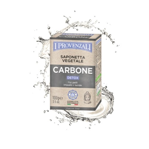 I Provenzali mydło z węglem aktywnym Carbone Detox - opakowanie 100g otoczone wodnym pluskiem na białym tle.