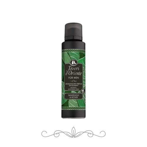 Tesori d'Oriente For Men dezodorant Sandalwood &amp; Vetiver - czarna butelka spray 150 ml na białym tle, widok z przodu.