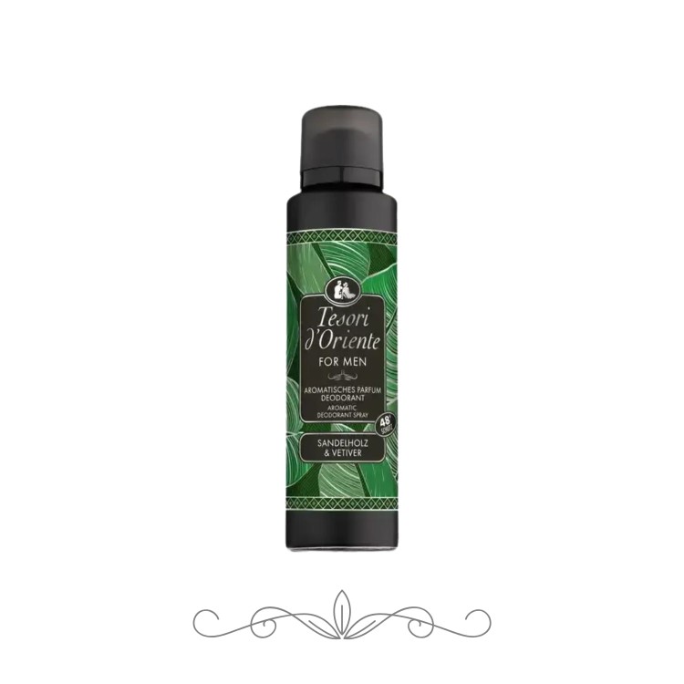 Tesori d'Oriente For Men dezodorant Sandalwood &amp; Vetiver - czarna butelka spray 150 ml na białym tle, widok z przodu.