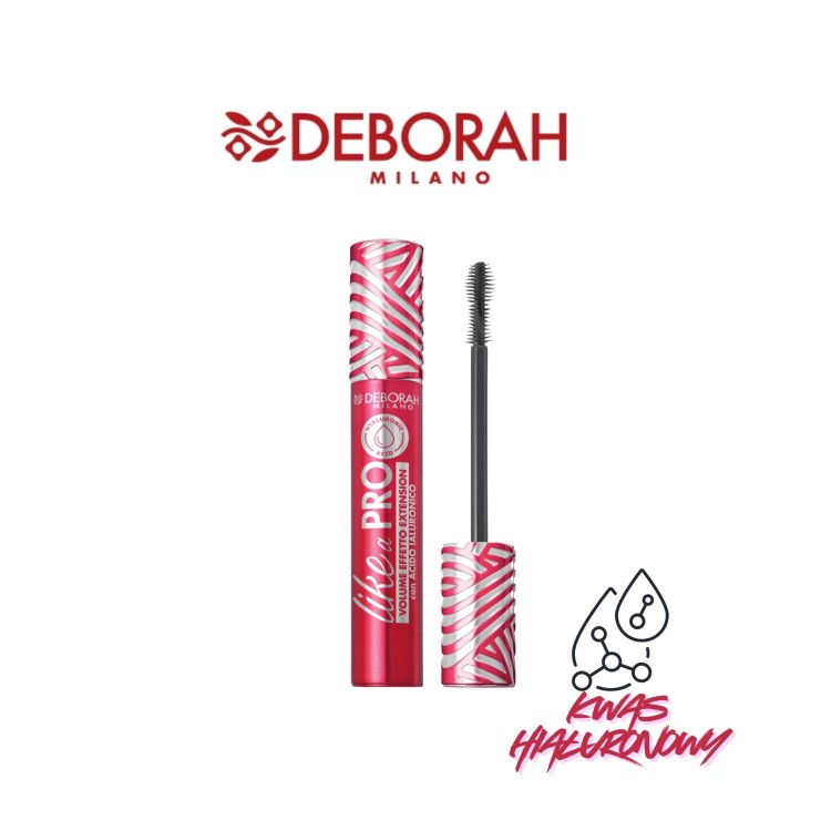 Deborah Milano Like a Pro maskara wydłużająca z kwasem hialuronowym - opakowanie z pędzlem, widok produktu z przodu na białym tle.