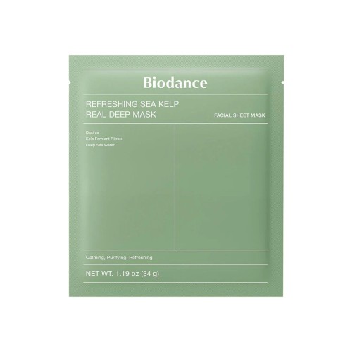 Biodance Refreshing Sea Kelp Real Deep Mask maska kojąca - opakowanie saszetki w kolorze miętowym, widok frontu.