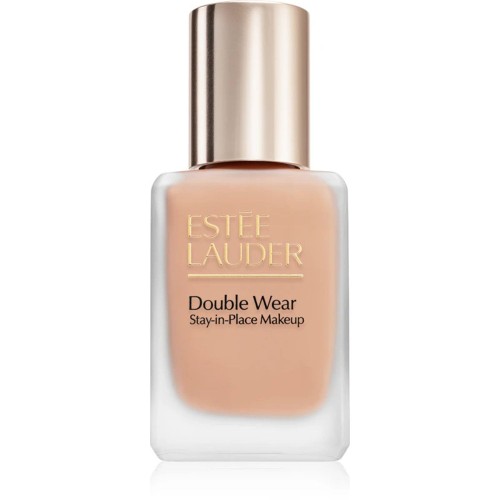 Estée Lauder Double Wear Stay-in-Place Makeup podkład matujący 1N2 Ecru - buteleczka z mlecznym podłożem i beżowym płynem, ze złotym korkiem, widok z przodu.