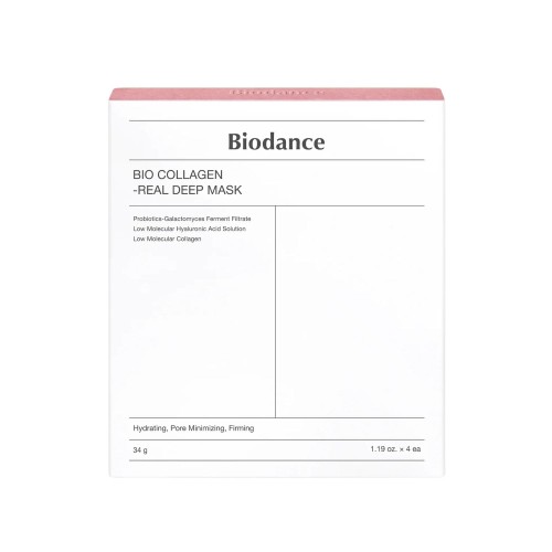 Biodance Bio Collagen Real Deep Mask maska kolagenowa - opakowanie pudełka ze zbiorem 4 sztuk, widok frontalny na białym tle.