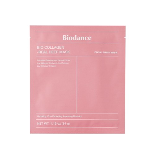 Biodance Bio Collagen Real Deep Mask maska na tkaninie - różowe opakowanie z widokiem frontalnym całego produktu.