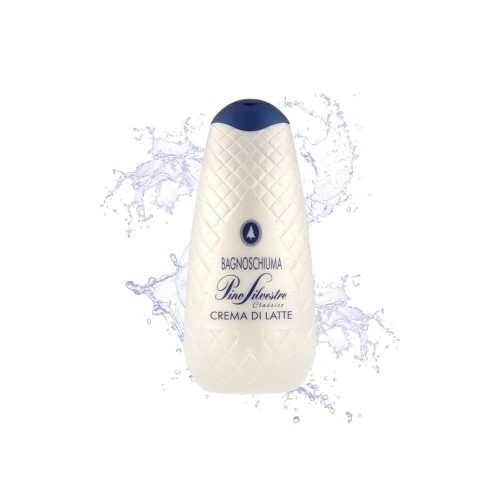 Pino Silvestre Crema Di Latte płyn do kąpieli 750ml - beżowa butelka z niebieskim kapturem na białym tle z efektem rozprysku wody.