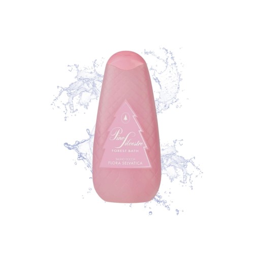 Pino Silvestre płyn do kąpieli Forest Bath Flora Selvatica 750ml - różowa butelka na białym tle ze splash'ami wody.