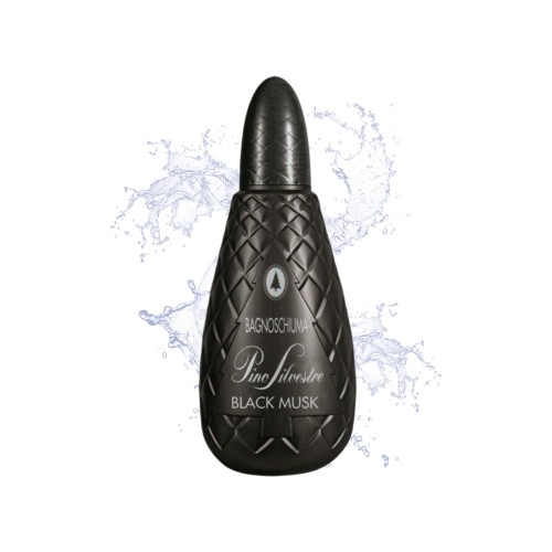 Pino Silvestre płyn do kąpieli Black Musk 1000ml - czarna butelka z teksturą quilted, widok frontalny z efektem rozprysku wody.