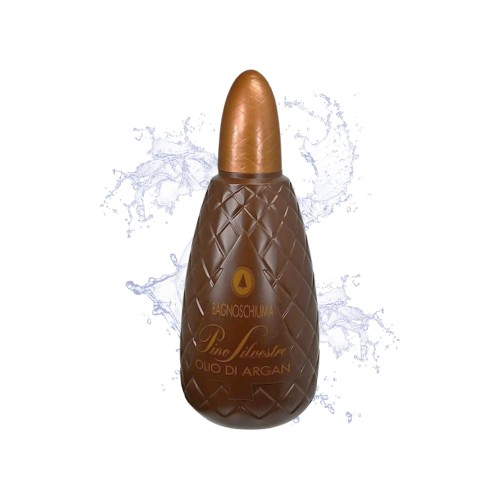 Pino Silvestre płyn do kąpieli Olio Di Argan 1000ml - brązowa butelka z miedzianym korkiem, widok frontalny z pluskiem wody w tle.