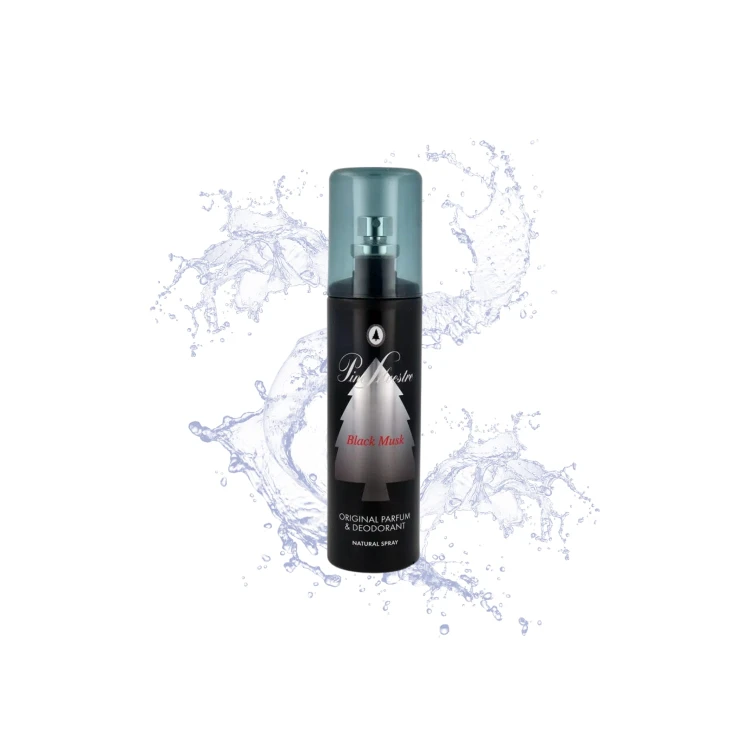 Pino Silvestre dezodorant Black Musk 125ml - czarna butelka ze sprayem na białym tle z efektem rozpryskiwanej wody.