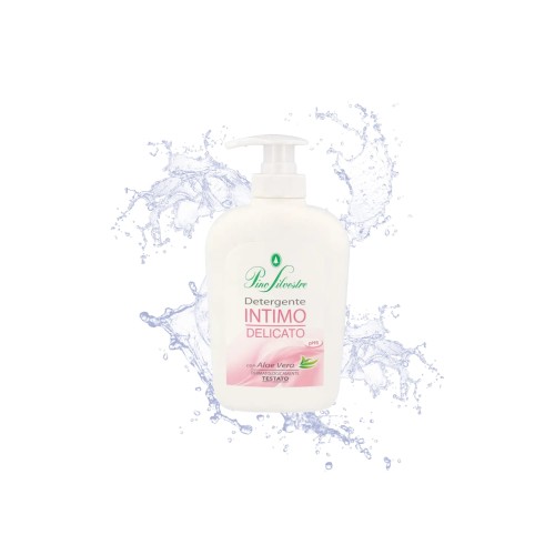Pino Silvestre Detergente Intimo Delicato - płyn do higieny intymnej z aloesem 250ml, butelka z pompką na białym tle z animacją rozbryzgów wody.