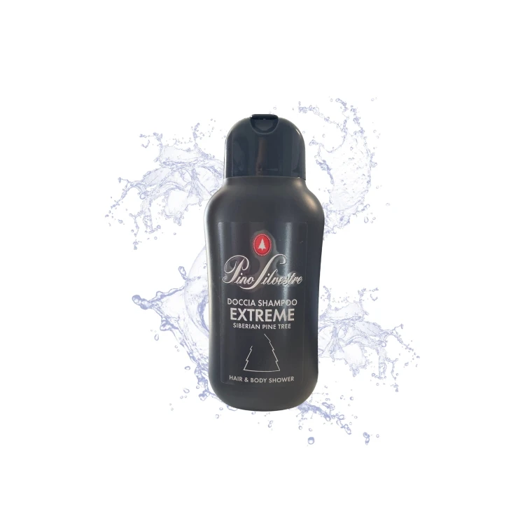 Pino Silvestre Doccia Shampoo Extreme szampon do włosów i ciała Sosna Syberyjska 250ml - czarna butelka na tle rozbryzgu wody.