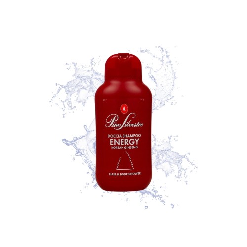 Pino Silvestre Doccia Shampoo Energy szampon do włosów i ciała z żeńszeniem koreańskim 250ml - czerwona butelka na białym tle z wodnym spryskaniem.