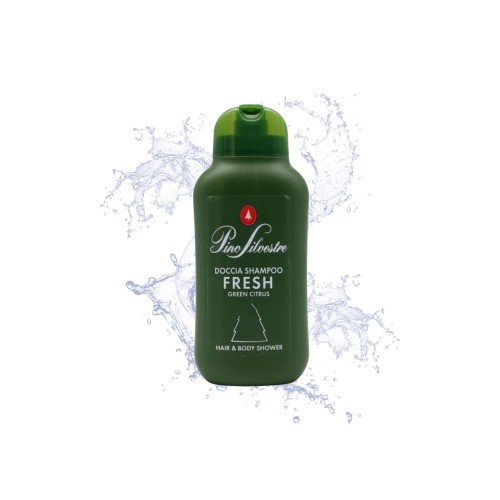 Pino Silvestre szampon do włosów i ciała Fresh Green Citrus 250ml - zielona butelka na białym tle z rozpryskującą się wodą.