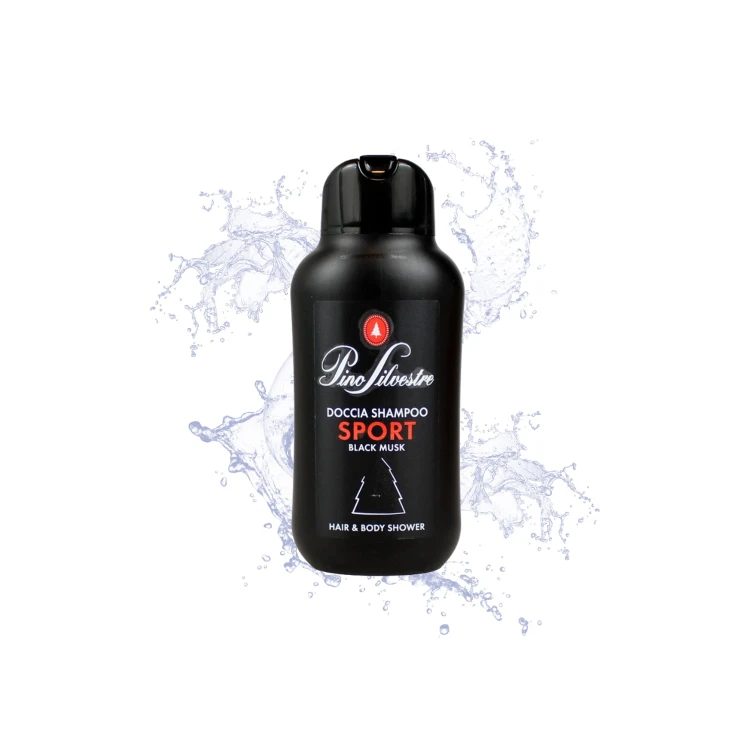 Pino Silvestre szampon do włosów i ciała Sport Black Musk - czarna butelka na tle rozpryskującej się wody.