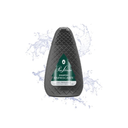 Pino Silvestre szampon odświeżający 250ml - czarna butelka z etykietą, otoczona pryskającą wodą na białym tle.