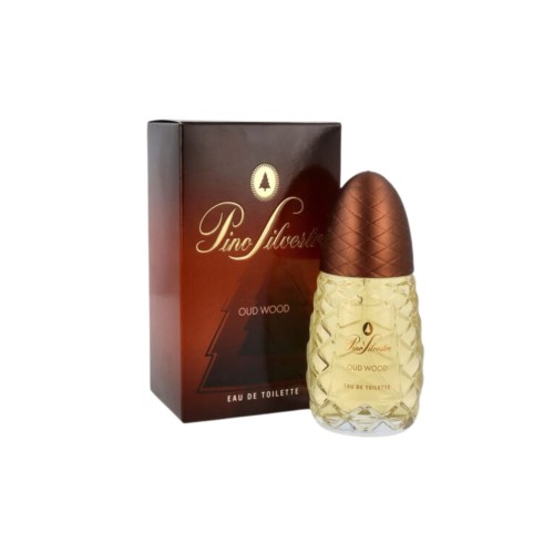 Pino Silvestre EDT Oud Wood 75ml - butelka z jasnym płynem i brązowym korkiem, z pudełkiem w tle.