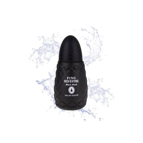 Pino Silvestre Black Musk EDT 75ml - czarna butelka ze złoconym wzorem, widok frontalny na białym tle z efektem bryzgu wody.