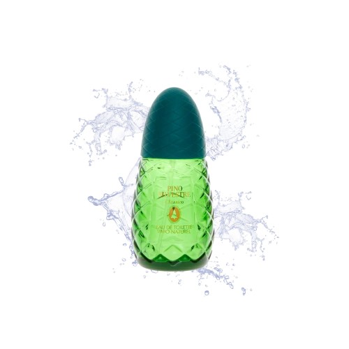 Pino Silvestre EDT Classico 75ml - zielona butelka z ciemnozielonym atomizerem, otoczona pryskającą wodą na białym tle.