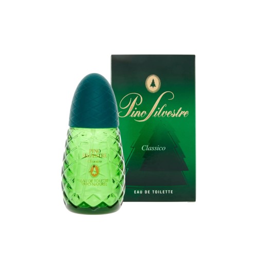 Pino Silvestre EDT Classico 75ml - butelka z zielonym szkłem i ciemnozielonym korkiem, obok opakowania pudełka z logo i napisem Classico.