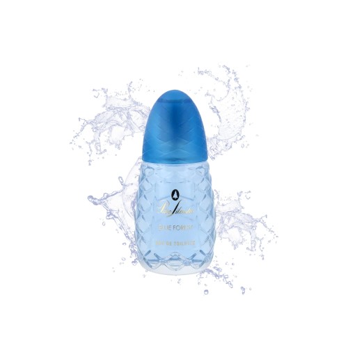 Pino Silvestre EDT Blue Forest 75ml - niebieska butelka z rozpylaczem, otoczona pluskami wody na białym tle.