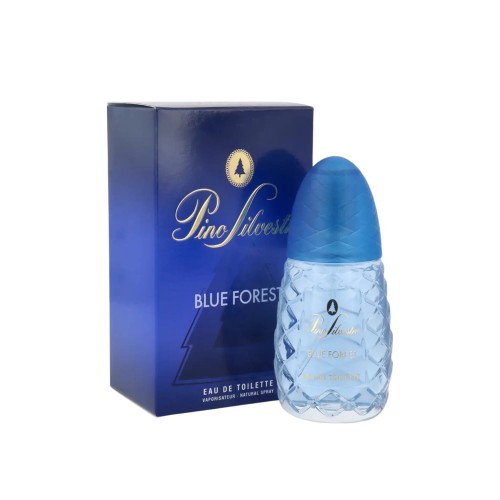 Pino Silvestre Blue Forest EDT 75ml - butelka z niebieskim pretikiem i pudełko, widok ze wszystkimi elementami opakowania.