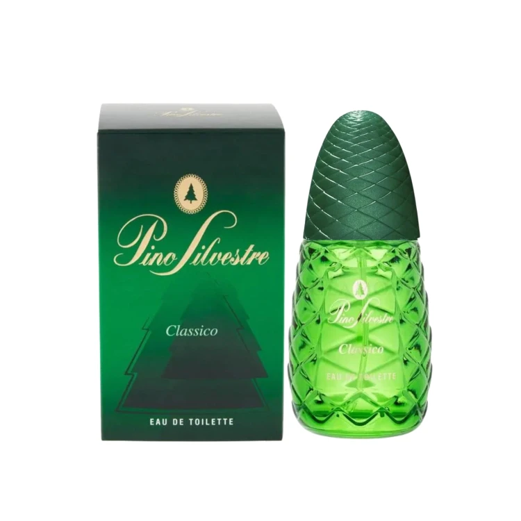 Pino Silvestre Classico woda po goleniu 75ml - zielona butelka z opakowaniem, widok produktu i pudełka.