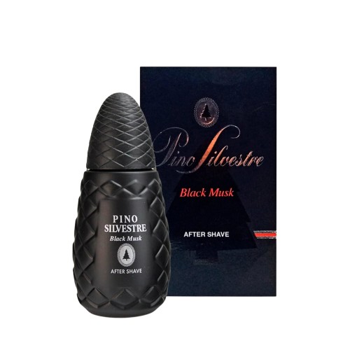 Pino Silvestre Black Musk woda po goleniu 75ml - butelka ze złotą teksturą i pudełko na białym tle.