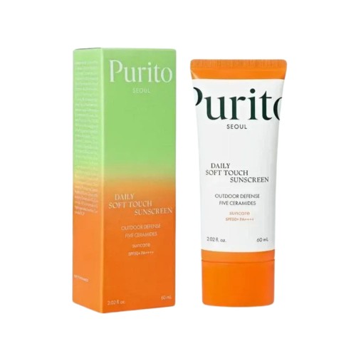 Purito Seoul Daily Soft Touch Sunscreen - krem przeciwsłoneczny SPF50+ PA++++ 60ml, opakowanie i tubus z przodu na białym tle.