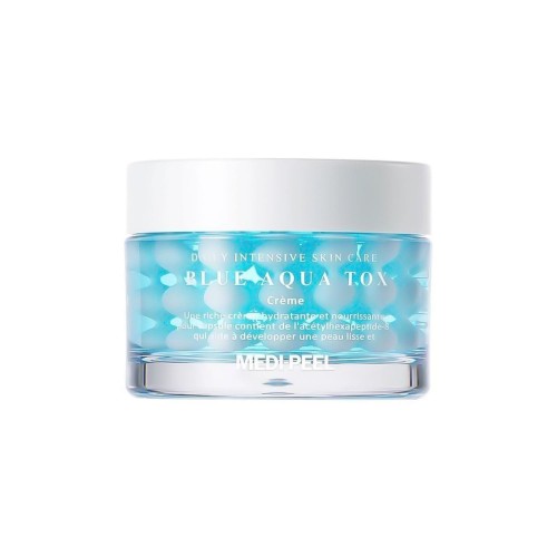 MEDIPEEL Blue Aqua Tox Cream krem-żel 50 ml w szklanym słoiku z białą pokrywką, widok frontalny na białym tle.