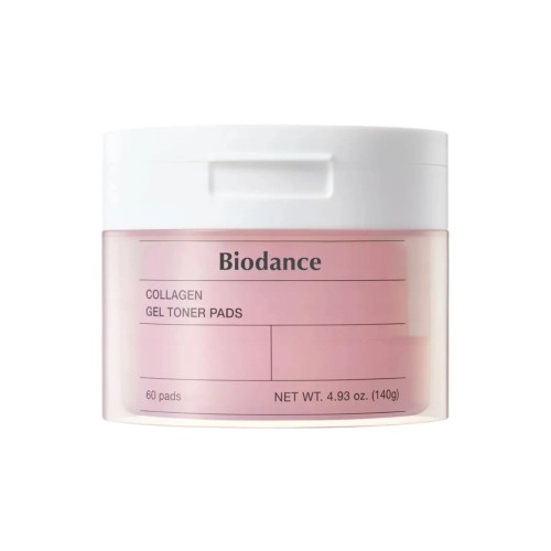 Biodance Collagen Gel Toner Pads – opakowanie 60 płatków tonizujących, pojemnik z białą pokrywką na białym tle.