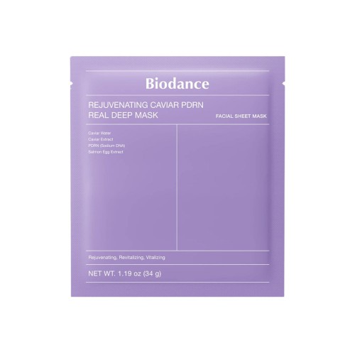 Biodance Rejuvenating Caviar PDRN Real Deep Mask maska hydrożelowa - opakowanie saszetki z fioletowym tłem, widok frontu.
