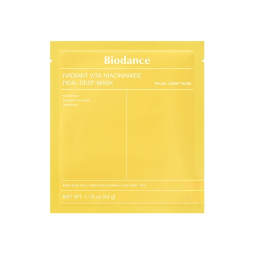 Biodance Radiant Vita Niacinamide Real Deep Mask maska hydrożelowa - opakowanie żółte, widok z przodu.