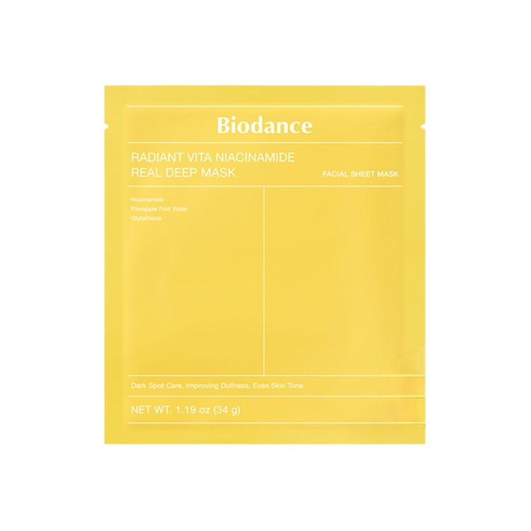 Biodance Radiant Vita Niacinamide Real Deep Mask maska hydrożelowa - opakowanie żółte, widok z przodu.