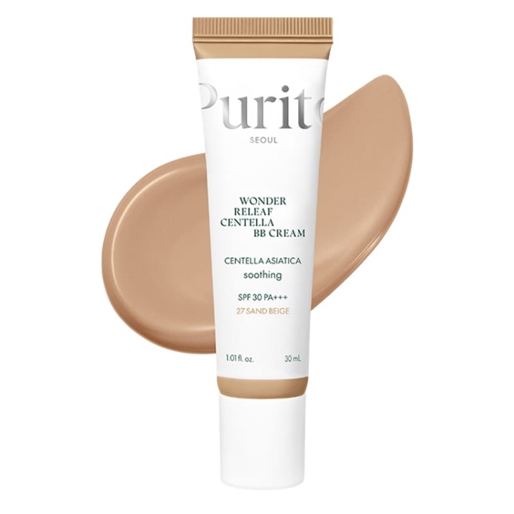 Purito Seoul Wonder Releaf Centella BB Cream #27 Sand Beige - krem BB w tubie z próbkami koloru produktu na białym tle.