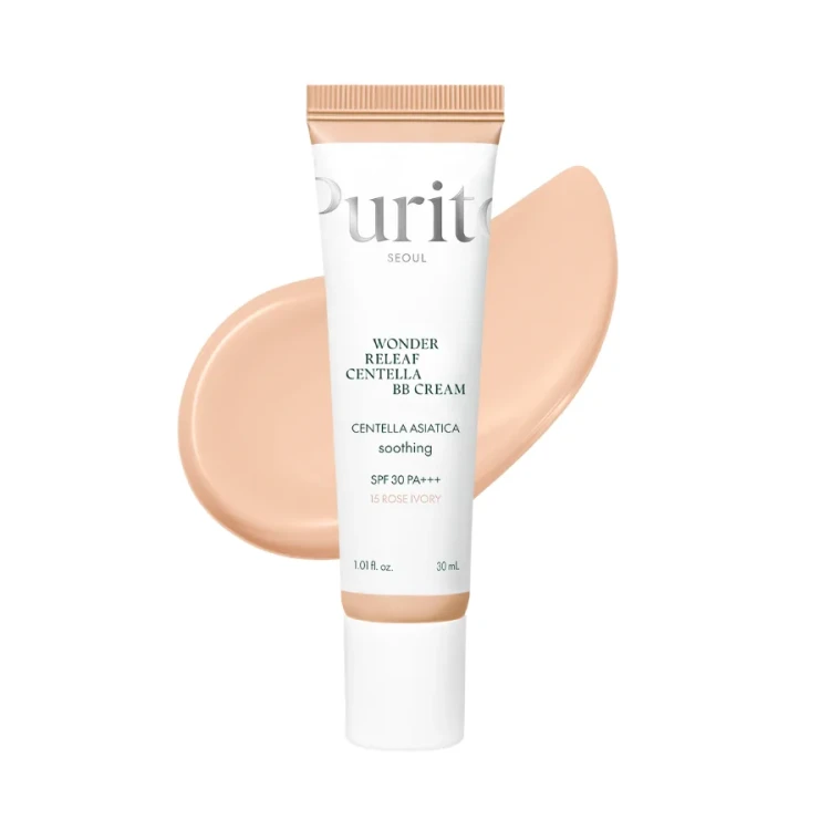 Purito Seoul Wonder Releaf Centella BB Cream #15 Rose Ivory - krem BB 30 ml z próbkami koloru na białym tle, widok z przodu i prezentacja tonów.