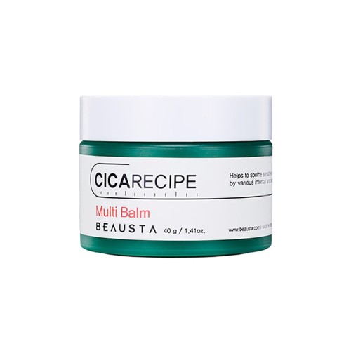 BEAUSTA Cicarecipe Multi Balm 40 ml - kojący balsam do twarzy w zielonym słoiczku z białą przykrywką, widok z przodu.