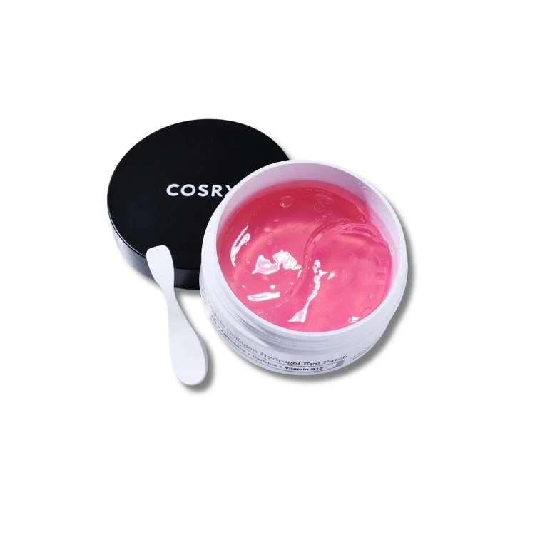 COSRX The Peptide Collagen Hydrogel Eye Patch 60 pcs - hydrożelowe płatki pod oczy w białym pojemniku z czarną pokrywką i aplikatorem, otwarte opakowanie na białym tle.