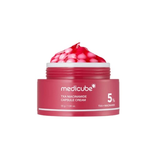 Medicube TXA Niacinamide Capsule Cream – rozjaśniający krem kapsułkowy 5%, różowy słoik z otwartą górą pokazującą teksturę kremu, widok frontalny na białym tle.