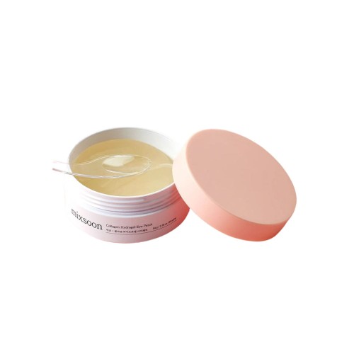 MIXSOON Collagen Hydrogel Eye Patch – hydrożelowe płatki pod oczy z kolagenem, otwarte opakowanie z widocznym płatkiem w pojemniku i różową pokrywką obok.