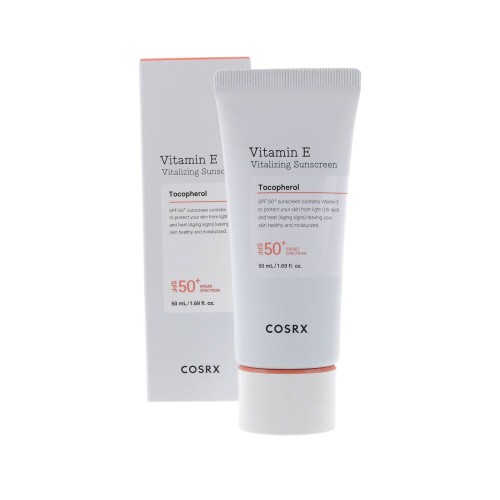 COSRX Vitamin E Vitalizing Sunscreen SPF50+ – krem przeciwsłoneczny z witaminą E, opakowanie z tubką i pudełkiem, widok z przodu.