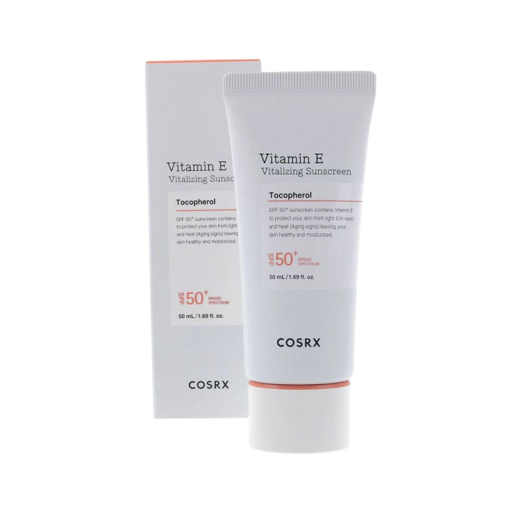 COSRX Vitamin E Vitalizing Sunscreen SPF50+ – krem przeciwsłoneczny z witaminą E, opakowanie z tubką i pudełkiem, widok z przodu.